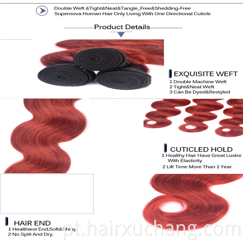 Amostra de cabelo de amostra grátis Cutícula alinhada Cabelo birmanês Cabelo indiano Onda de dois tons ombre 1b/Red Virgin Human Hair